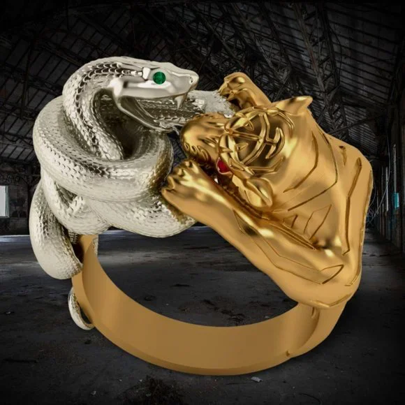 3D Retro Gold Tiger Silver Snake Fighting Animal Bohemia Ring - Picture 3 of 10